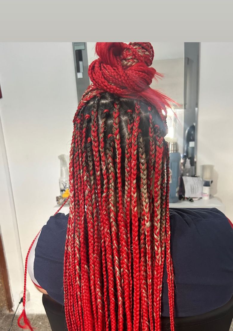 Trenzas africanas rojas, largas, de espaldas en el estudio